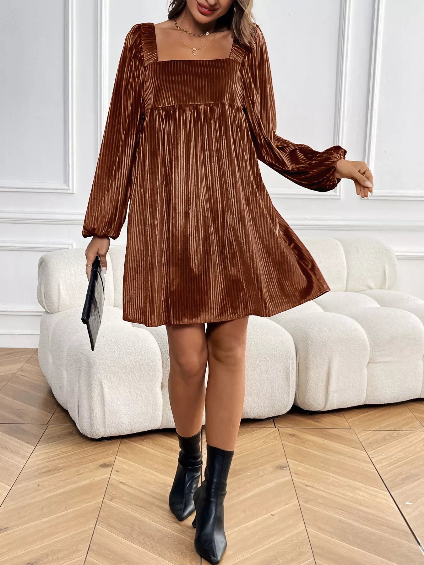Velvet Square Neck Long Sleeve Dress - MAD RUFFI