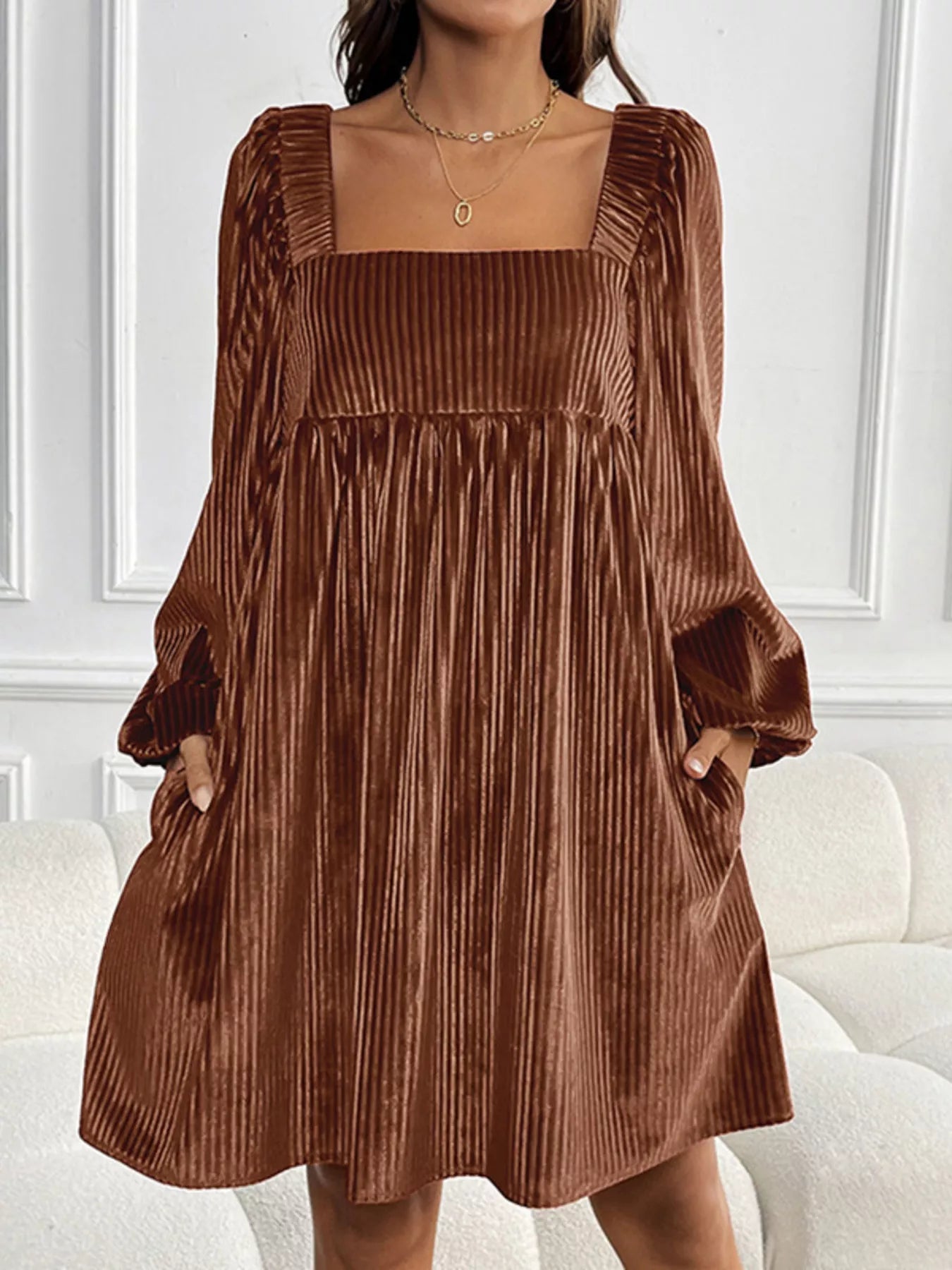 Velvet Square Neck Long Sleeve Dress - MAD RUFFI
