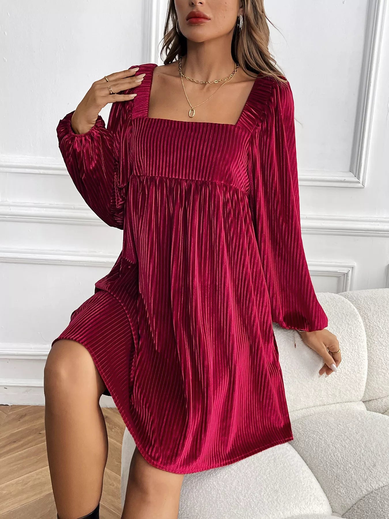 Velvet Square Neck Long Sleeve Dress - MAD RUFFI
