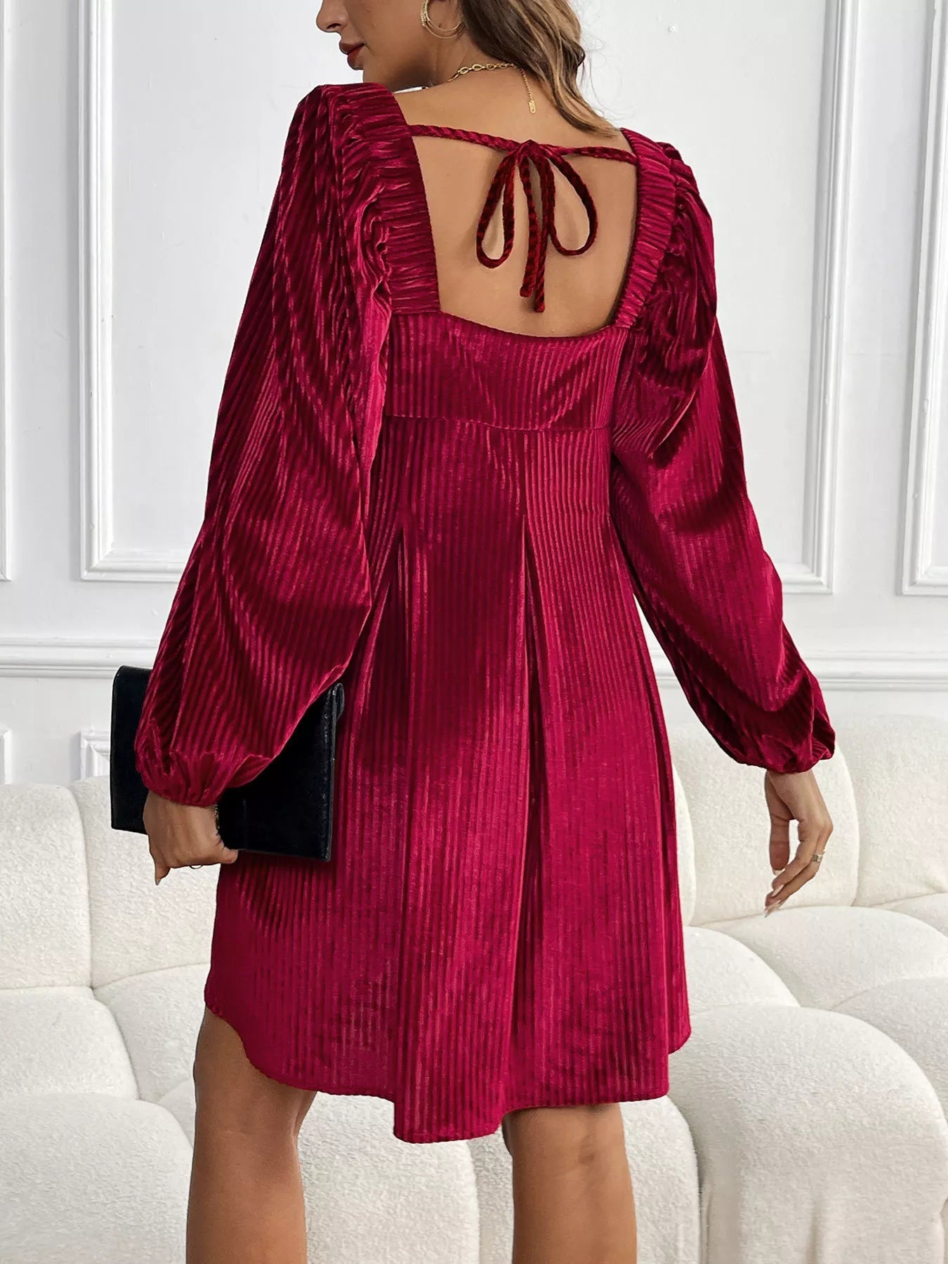 Velvet Square Neck Long Sleeve Dress - MAD RUFFI