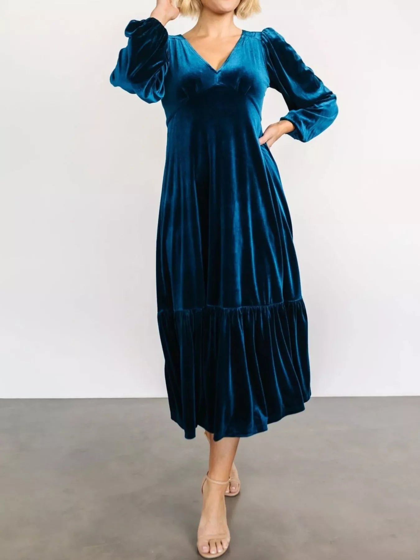 Velvet Tiered Long Sleeve Midi Dress - MAD RUFFI