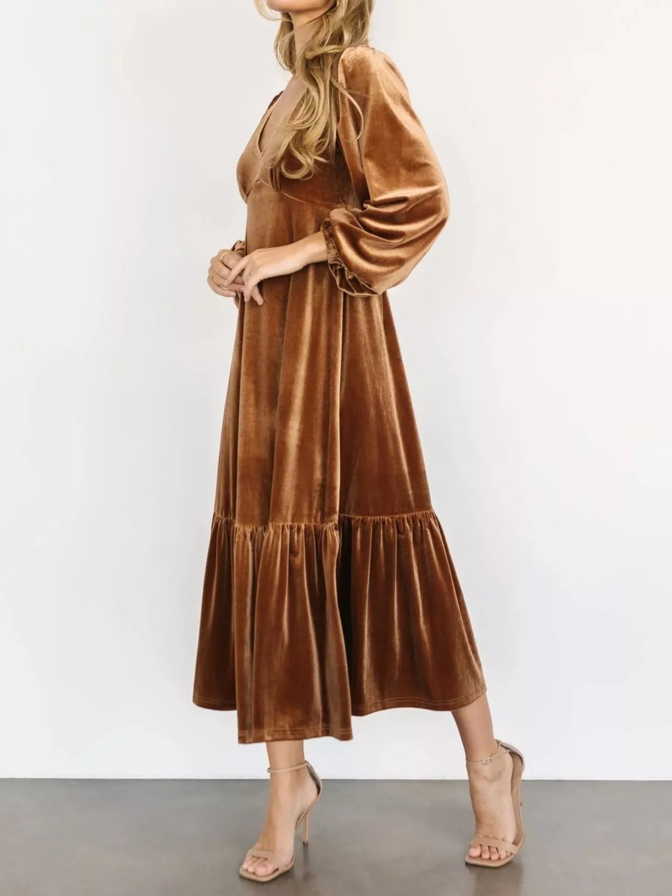 Velvet Tiered Long Sleeve Midi Dress - MAD RUFFI