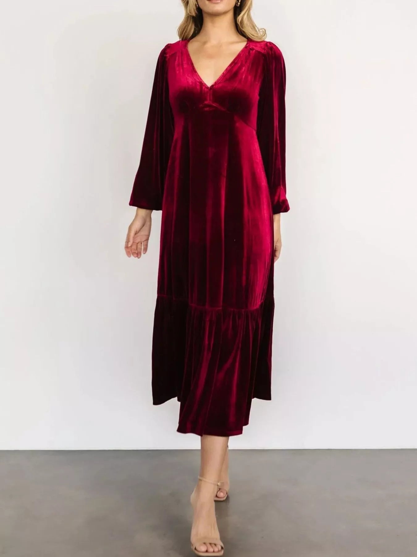 Velvet Tiered Long Sleeve Midi Dress - MAD RUFFI