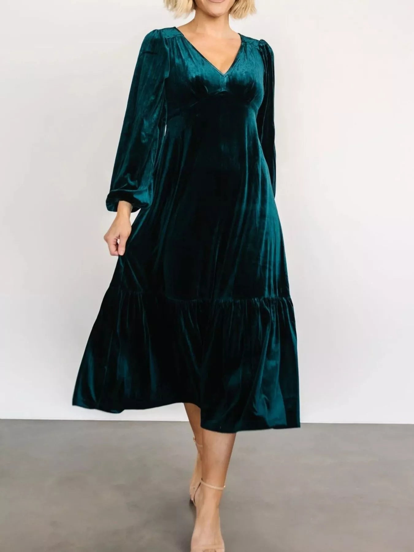 Velvet Tiered Long Sleeve Midi Dress - MAD RUFFI