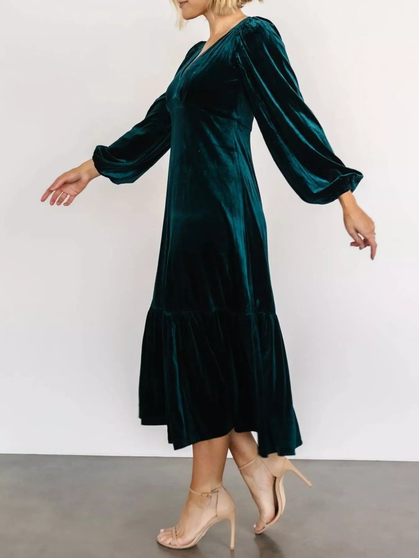 Velvet Tiered Long Sleeve Midi Dress - MAD RUFFI