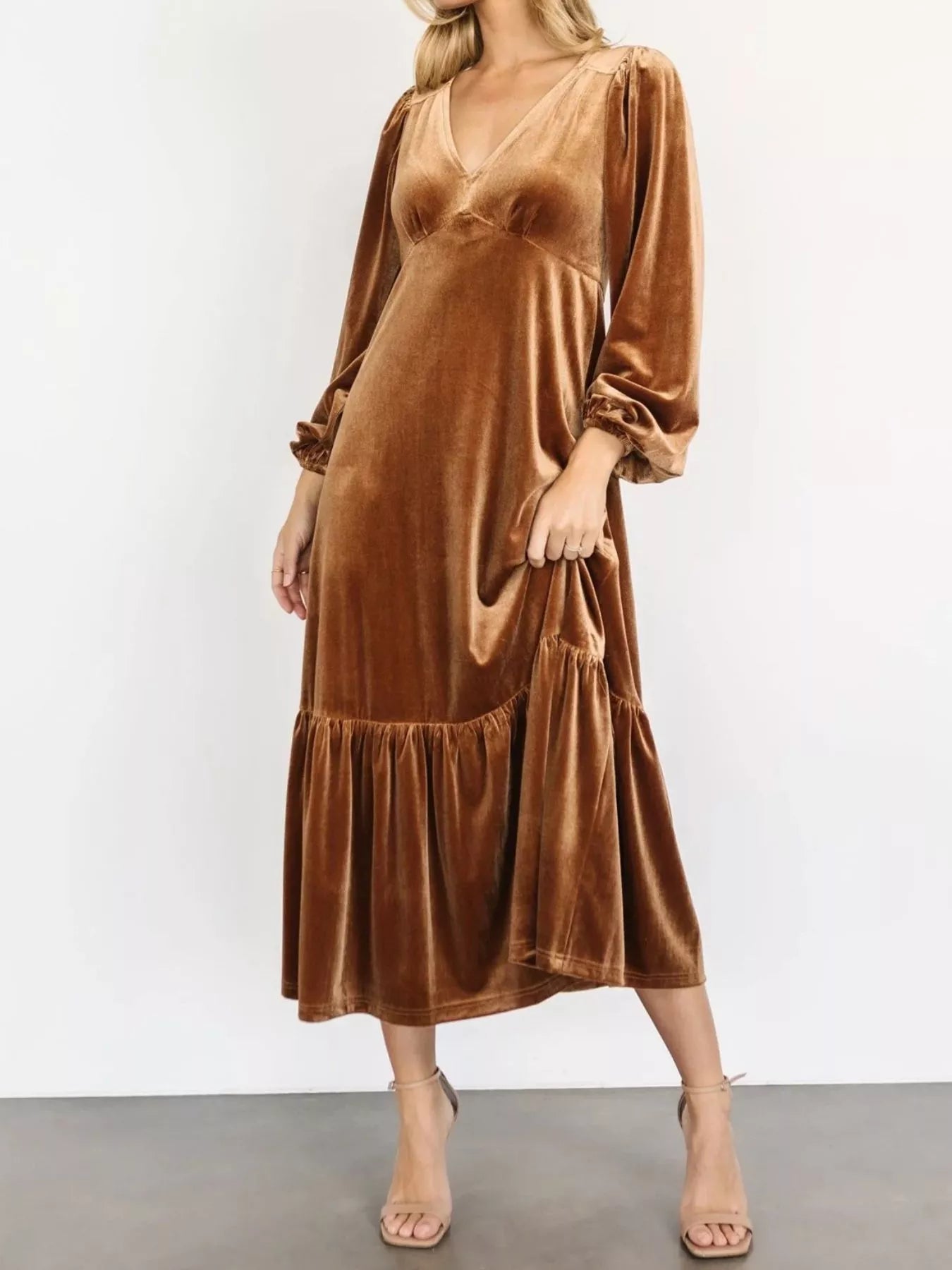 Velvet Tiered Long Sleeve Midi Dress - MAD RUFFI