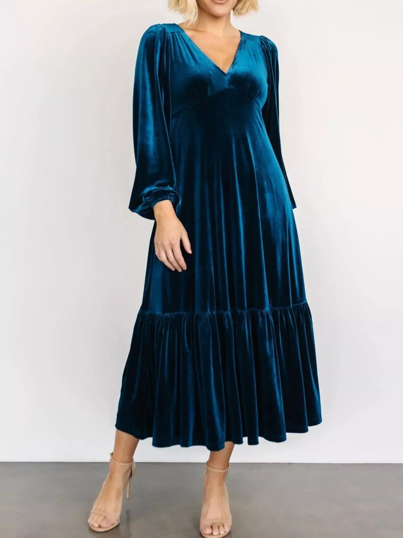 Velvet Tiered Long Sleeve Midi Dress - MAD RUFFI