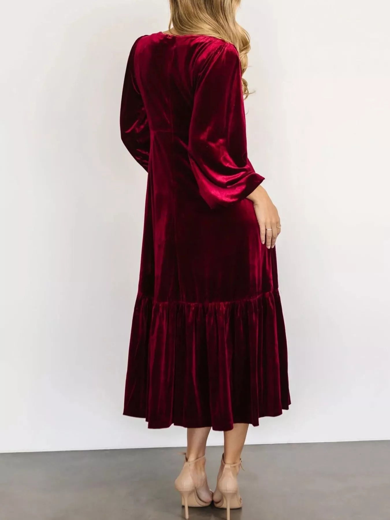 Velvet Tiered Long Sleeve Midi Dress - MAD RUFFI