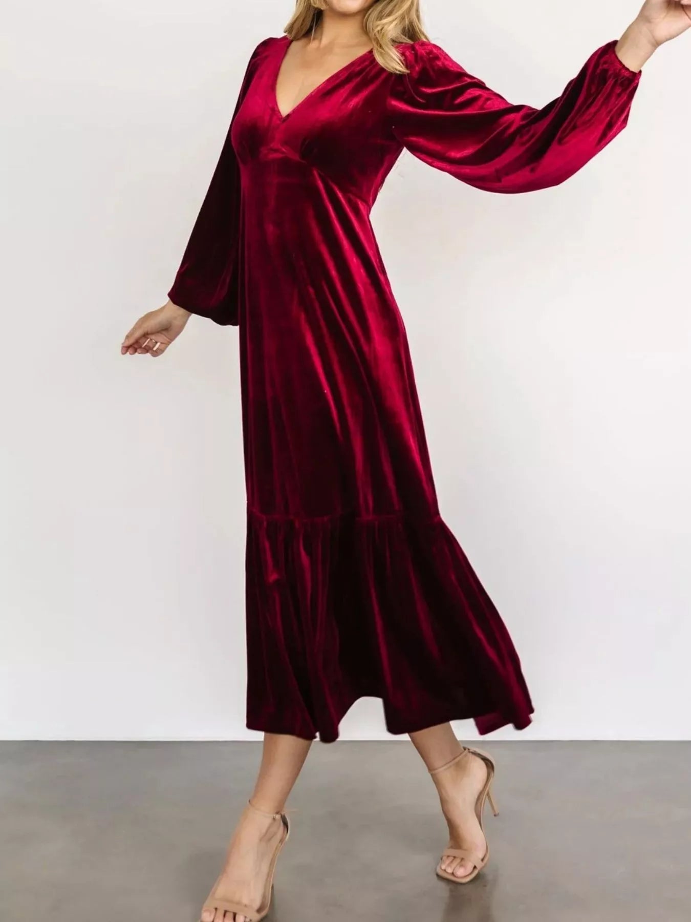 Velvet Tiered Long Sleeve Midi Dress - MAD RUFFI