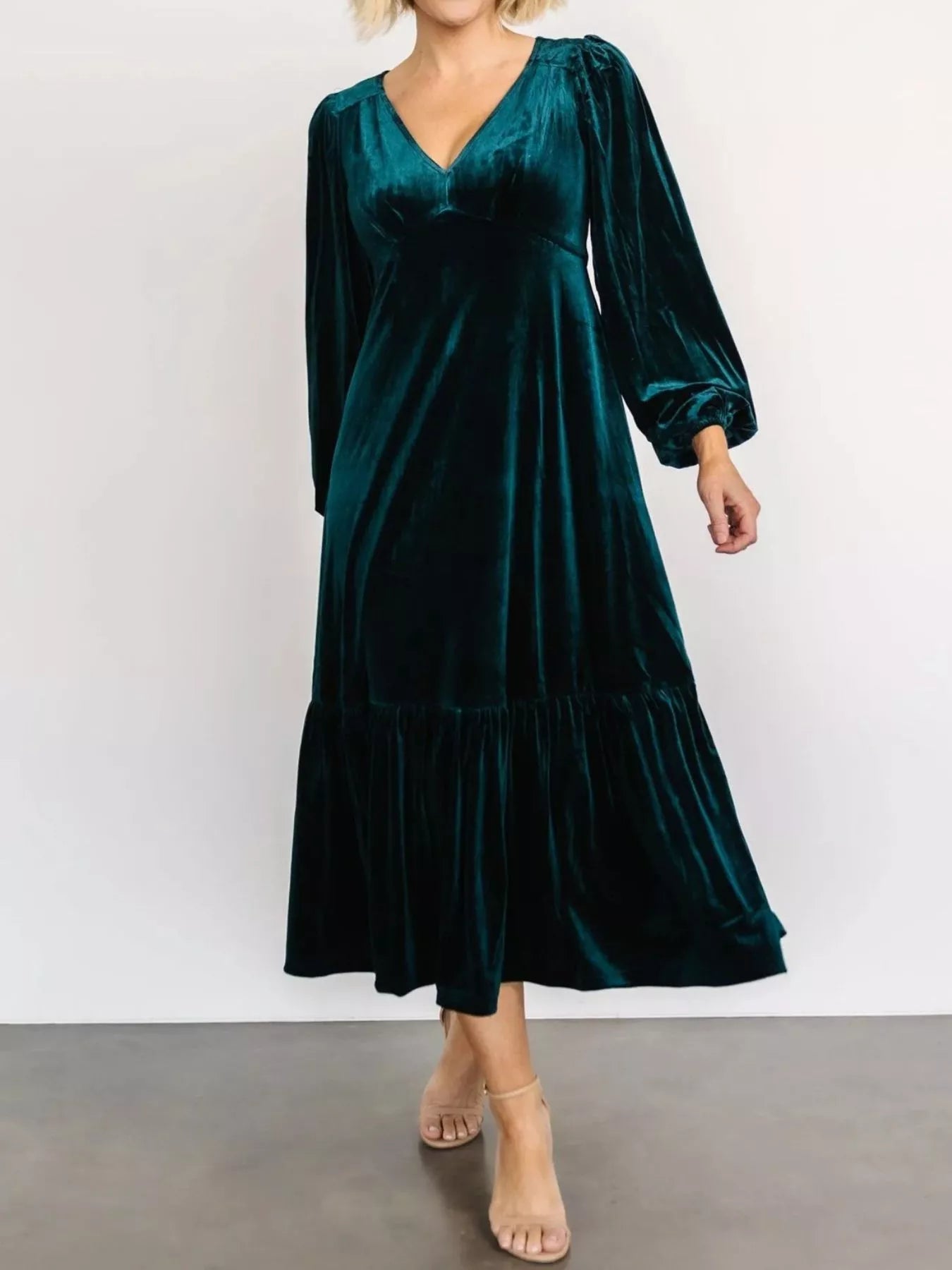 Velvet Tiered Long Sleeve Midi Dress - MAD RUFFI