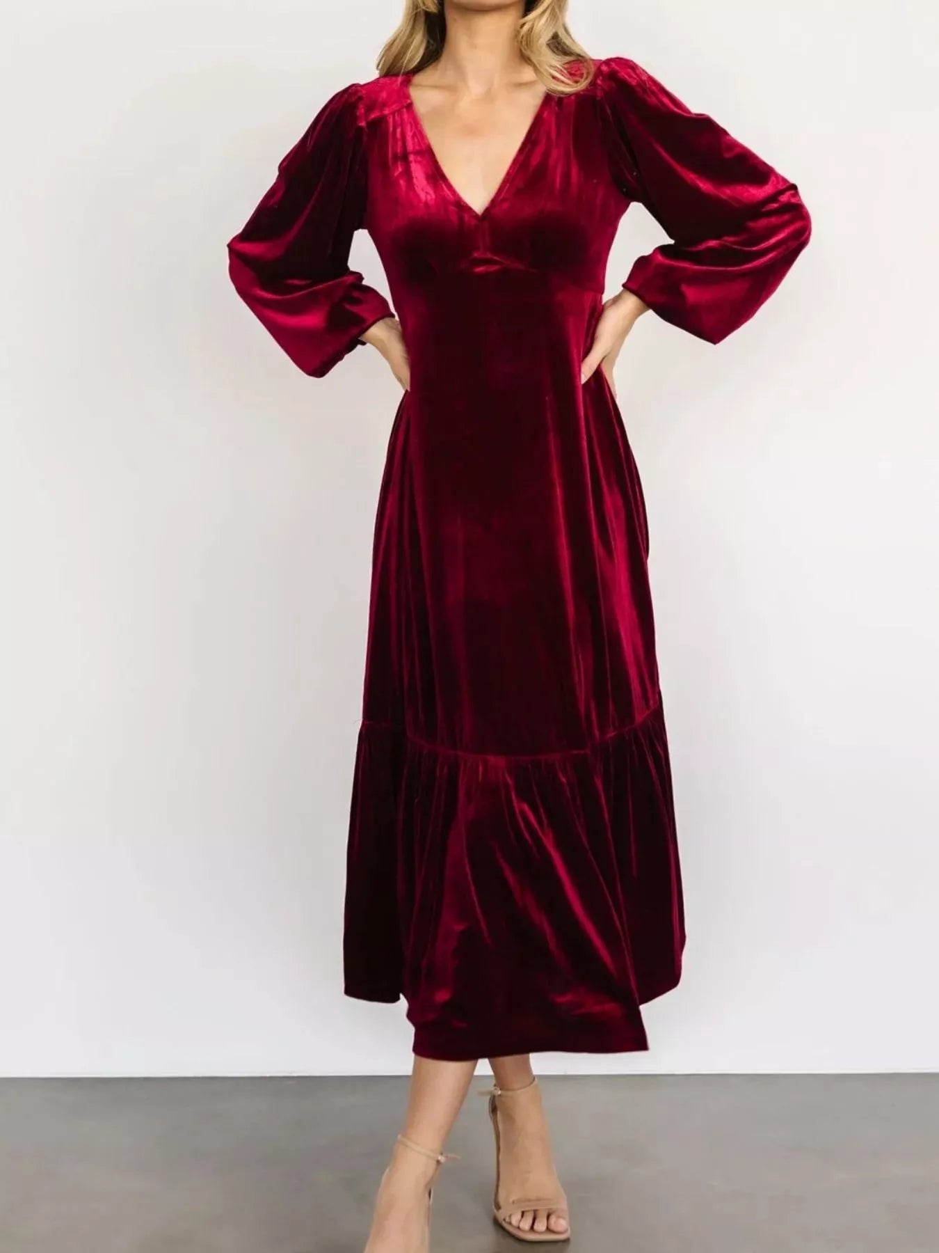Velvet Tiered Long Sleeve Midi Dress - MAD RUFFI
