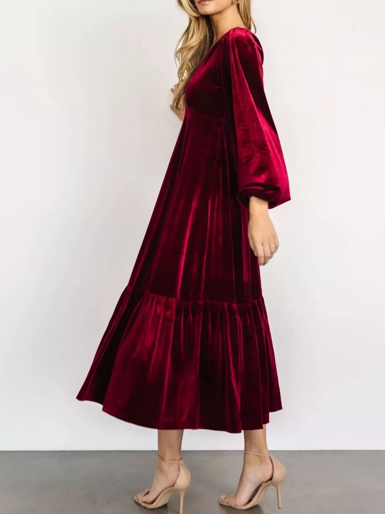 Velvet Tiered Long Sleeve Midi Dress - MAD RUFFI