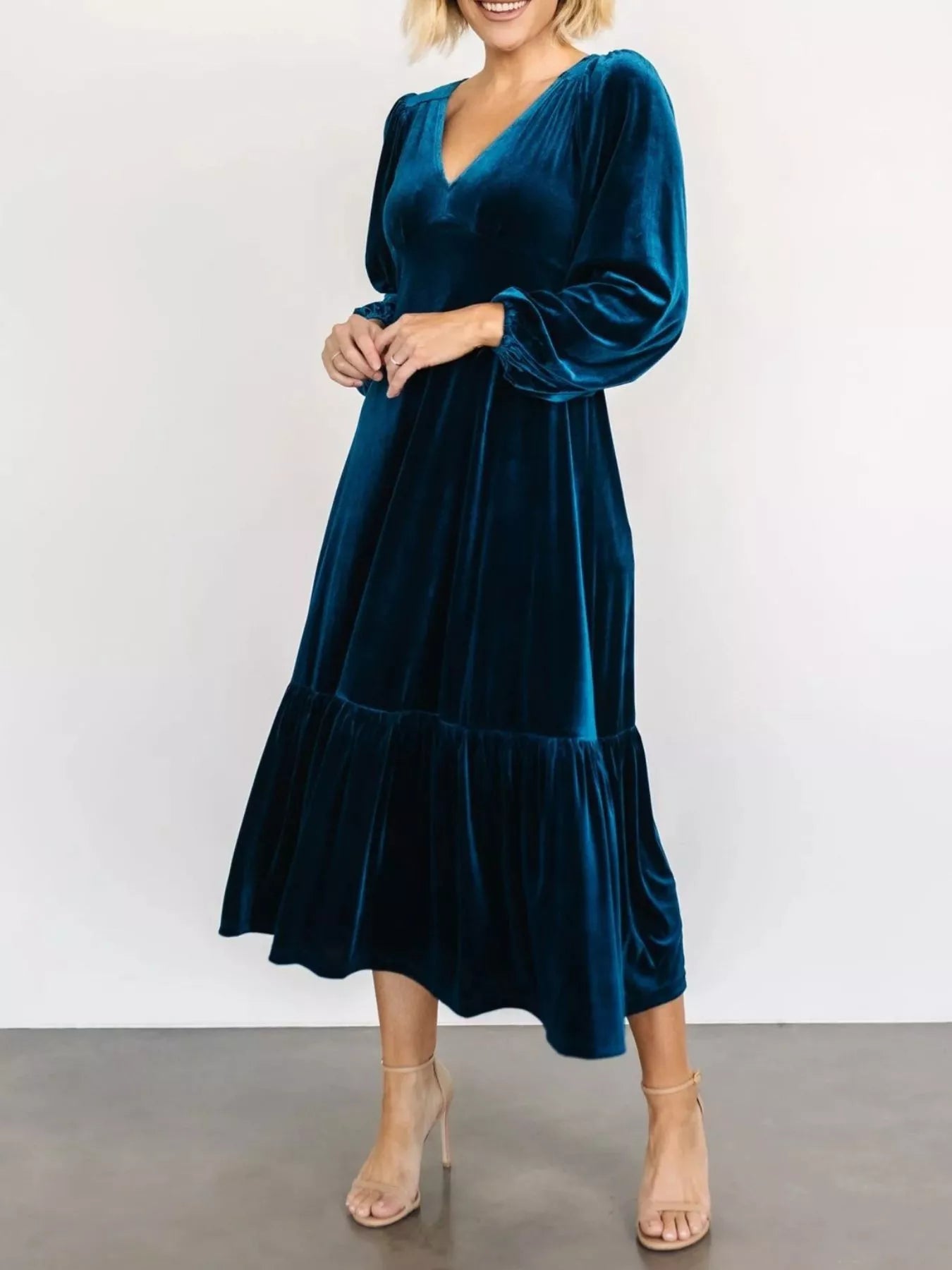 Velvet Tiered Long Sleeve Midi Dress - MAD RUFFI