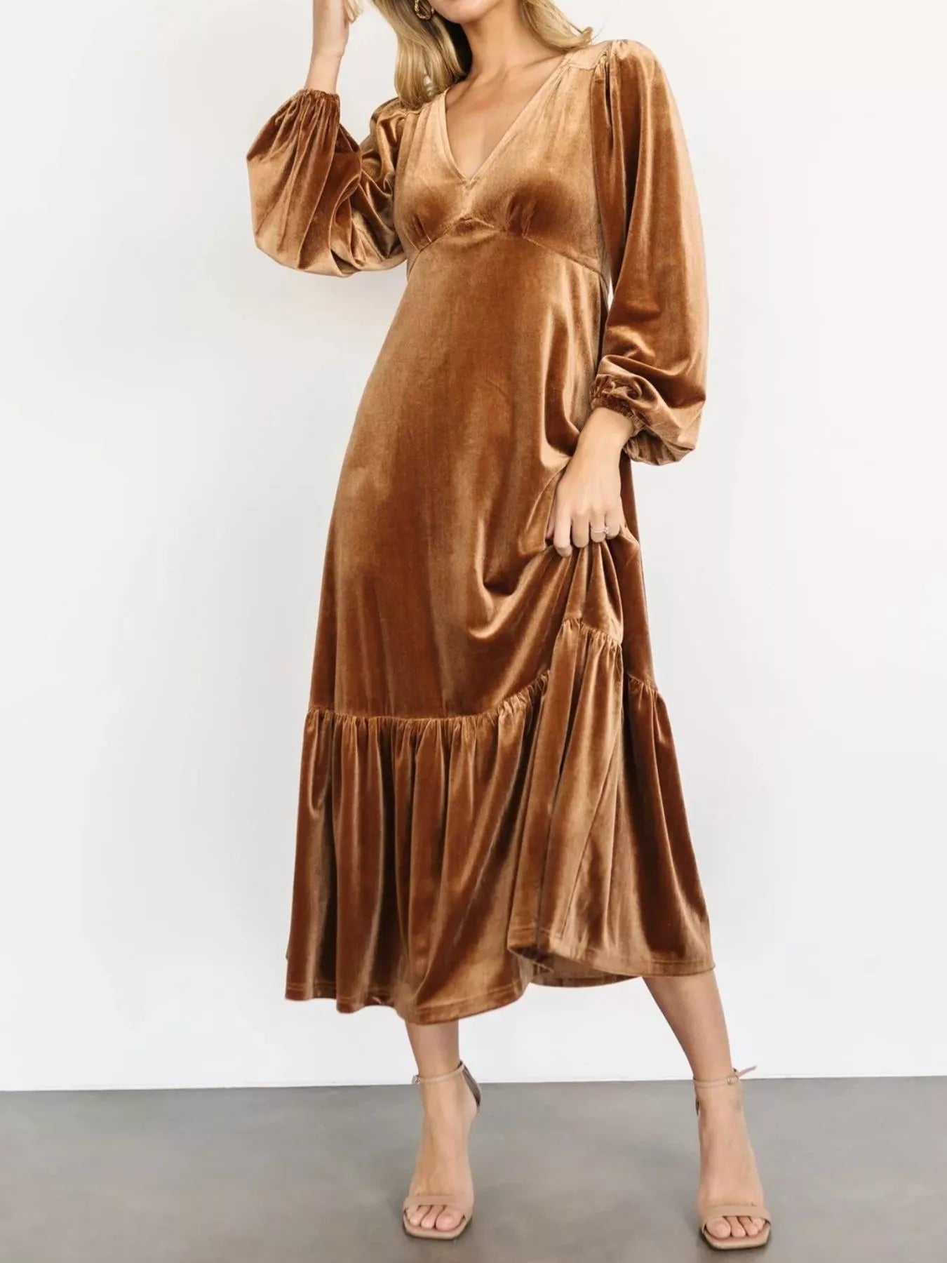 Velvet Tiered Long Sleeve Midi Dress - MAD RUFFI