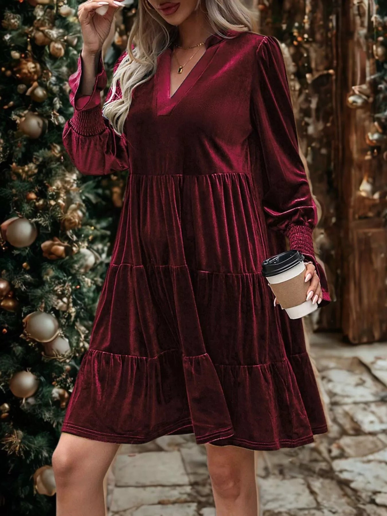 Velvet Tiered Notched Mini Dress - MAD RUFFI