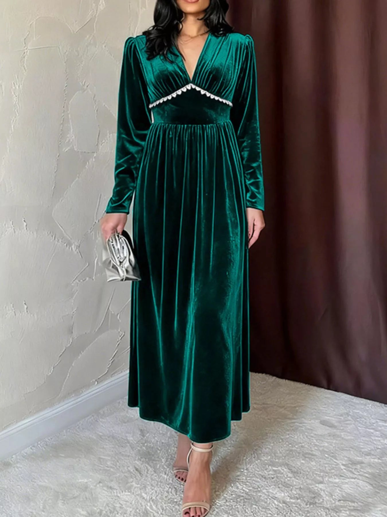 Velvet V - Neck Long Sleeve Maxi Dress - MAD RUFFI