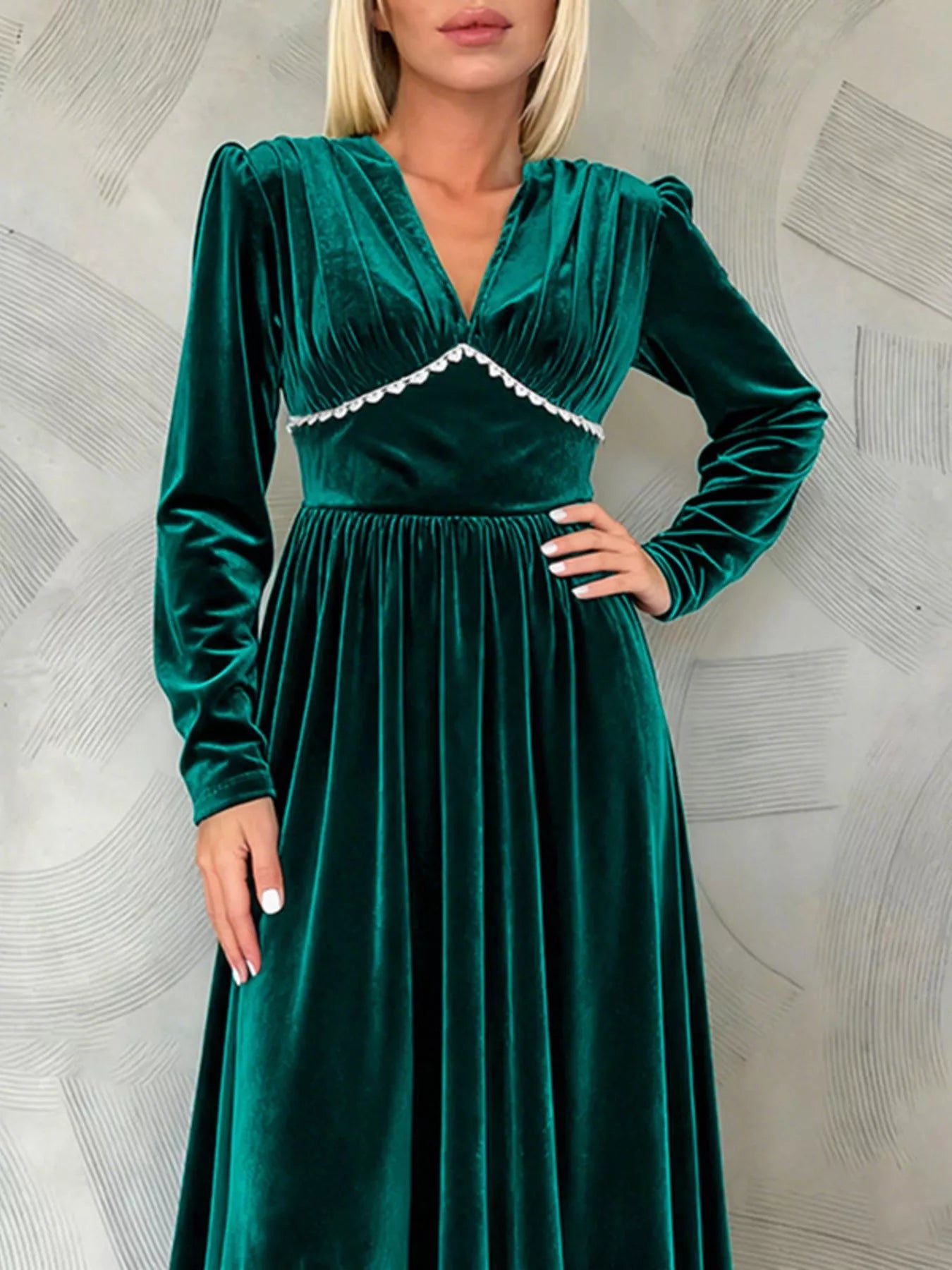 Velvet V - Neck Long Sleeve Maxi Dress - MAD RUFFI