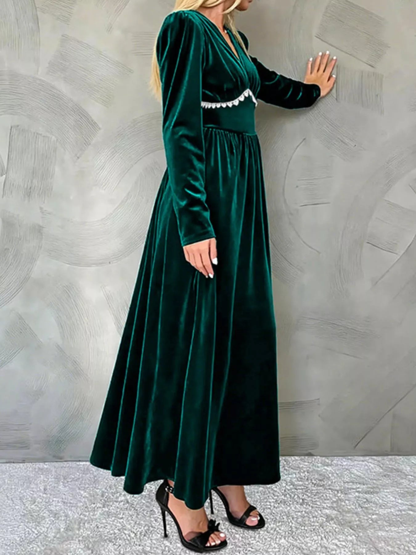 Velvet V - Neck Long Sleeve Maxi Dress - MAD RUFFI