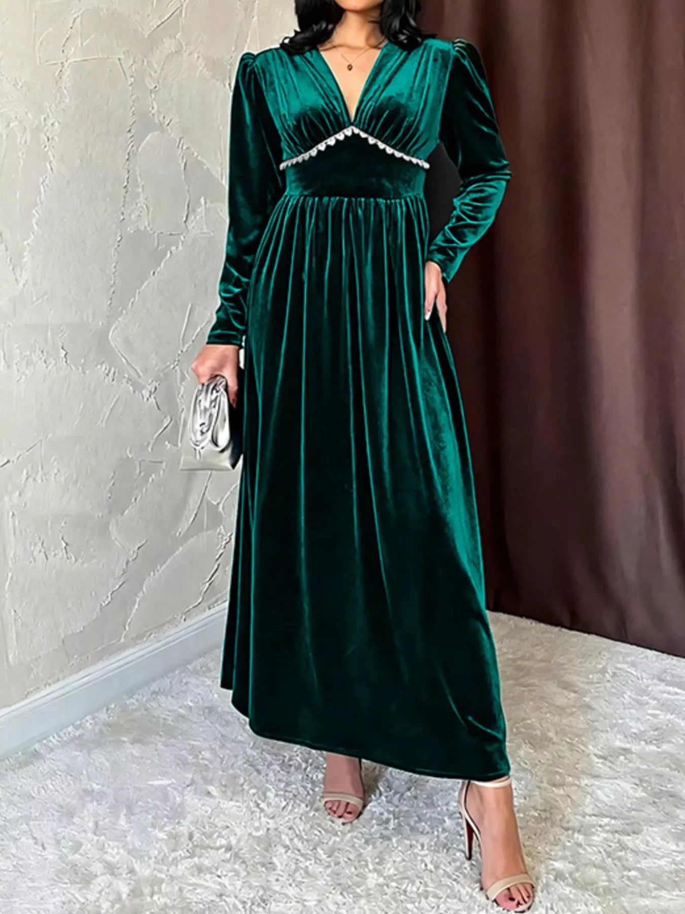 Velvet V - Neck Long Sleeve Maxi Dress - MAD RUFFI