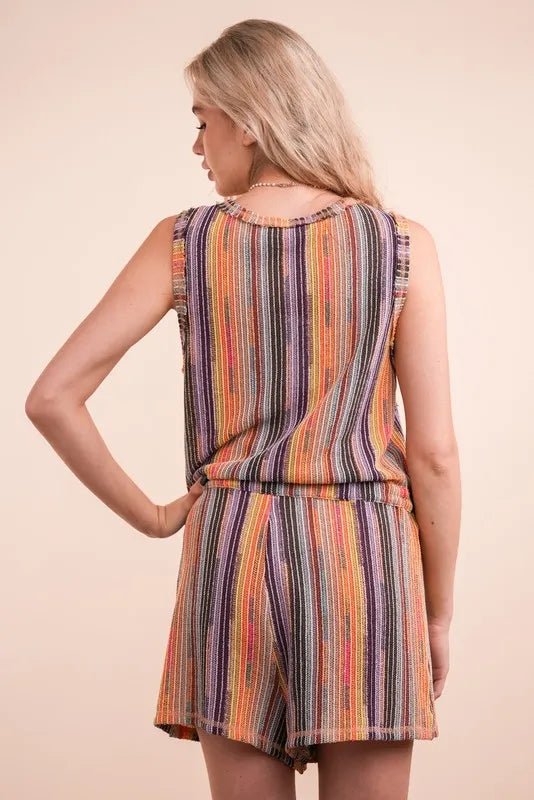 VERY J Crochet Multi Color Striped Casual Summer Romper - MAD RUFFI