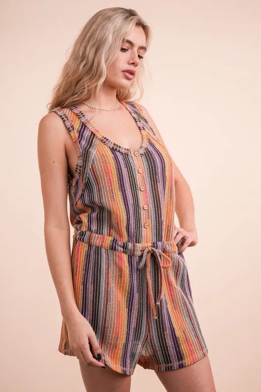 VERY J Crochet Multi Color Striped Casual Summer Romper - MAD RUFFI