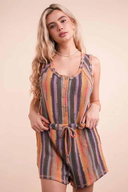 VERY J Crochet Multi Color Striped Casual Summer Romper - MAD RUFFI