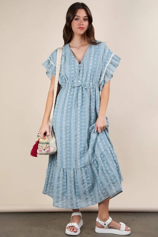 VERY J Embroidered Boho Ruffled Midi Dress - MAD RUFFI
