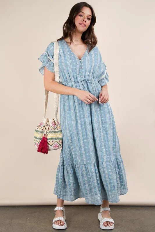 VERY J Embroidered Boho Ruffled Midi Dress - MAD RUFFI
