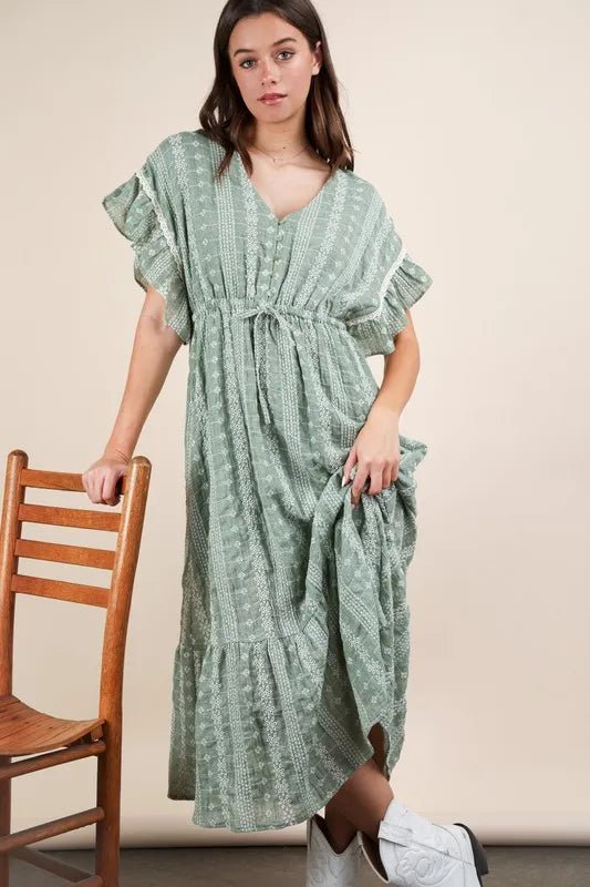 VERY J Embroidered Boho Ruffled Midi Dress - MAD RUFFI