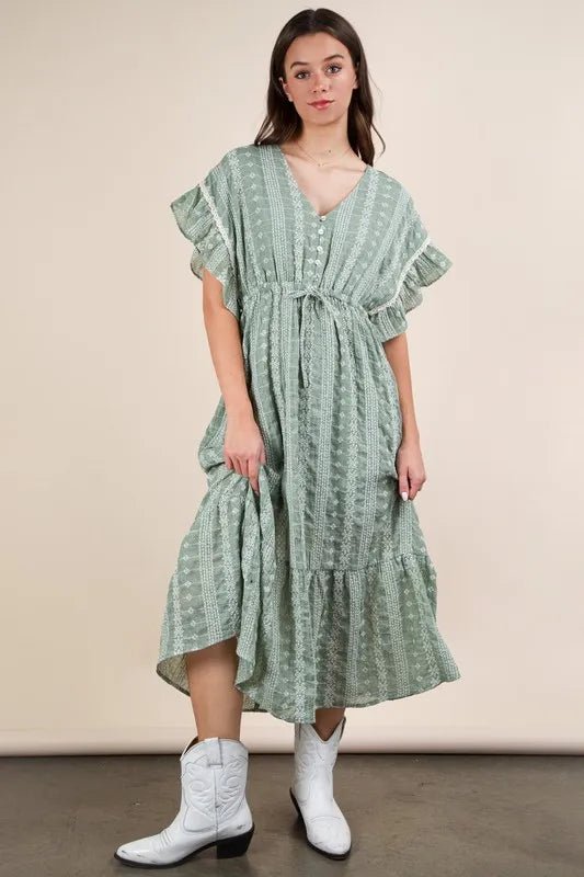 VERY J Embroidered Boho Ruffled Midi Dress - MAD RUFFI