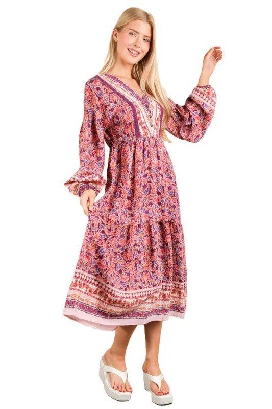 VERY J Floral Printed Boho V - Neck Balloon Sleeve Dress - MAD RUFFI