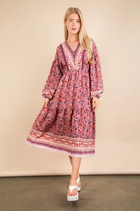 VERY J Floral Printed Boho V - Neck Balloon Sleeve Dress - MAD RUFFI
