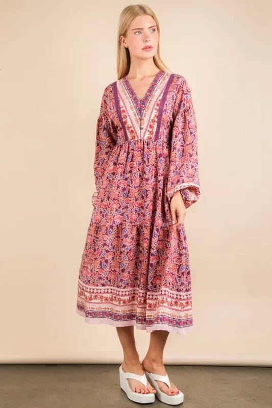 VERY J Floral Printed Boho V - Neck Balloon Sleeve Dress - MAD RUFFI