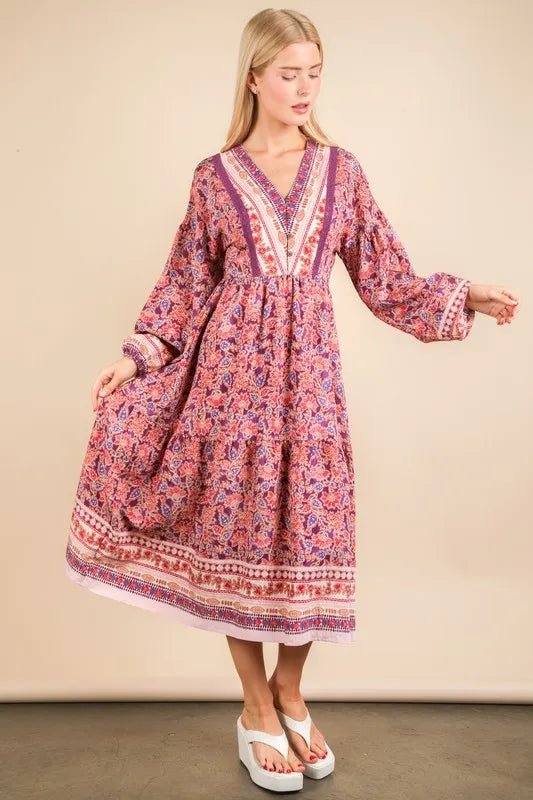 VERY J Floral Printed Boho V - Neck Balloon Sleeve Dress - MAD RUFFI