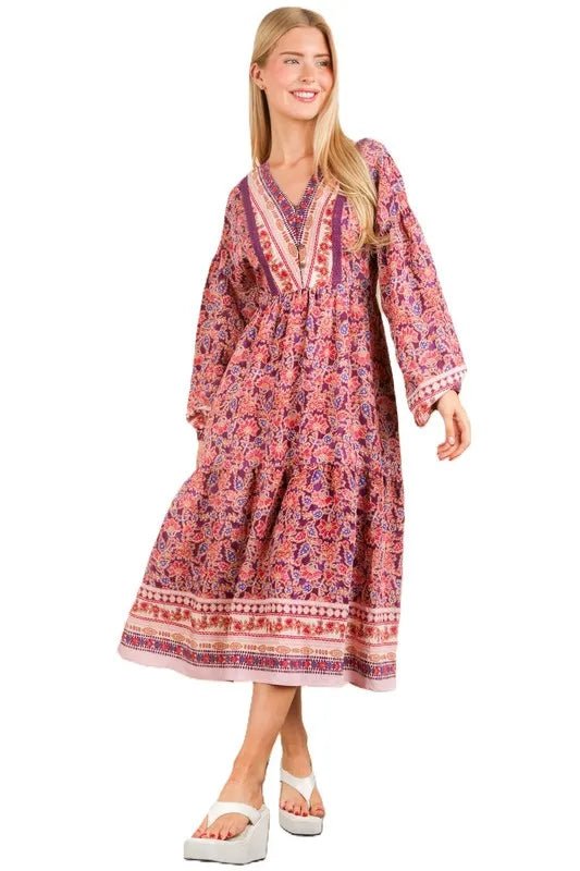 VERY J Floral Printed Boho V - Neck Balloon Sleeve Dress - MAD RUFFI