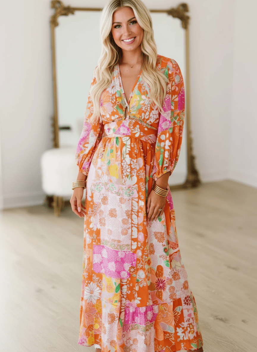Vibrant Floral Long Sleeve Dress with Lace - Up Back - MAD RUFFI