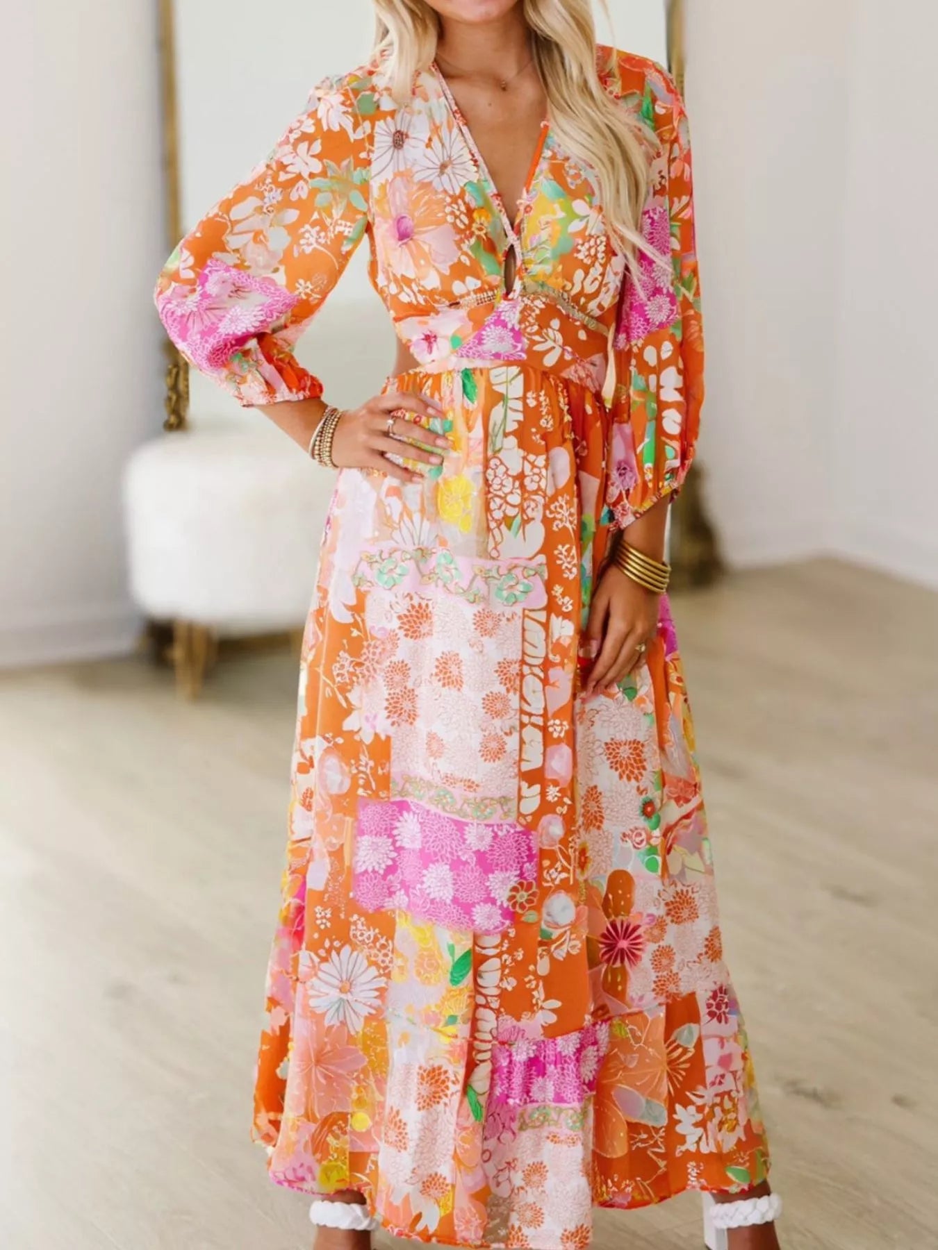 Vibrant Floral Long Sleeve Dress with Lace - Up Back - MAD RUFFI