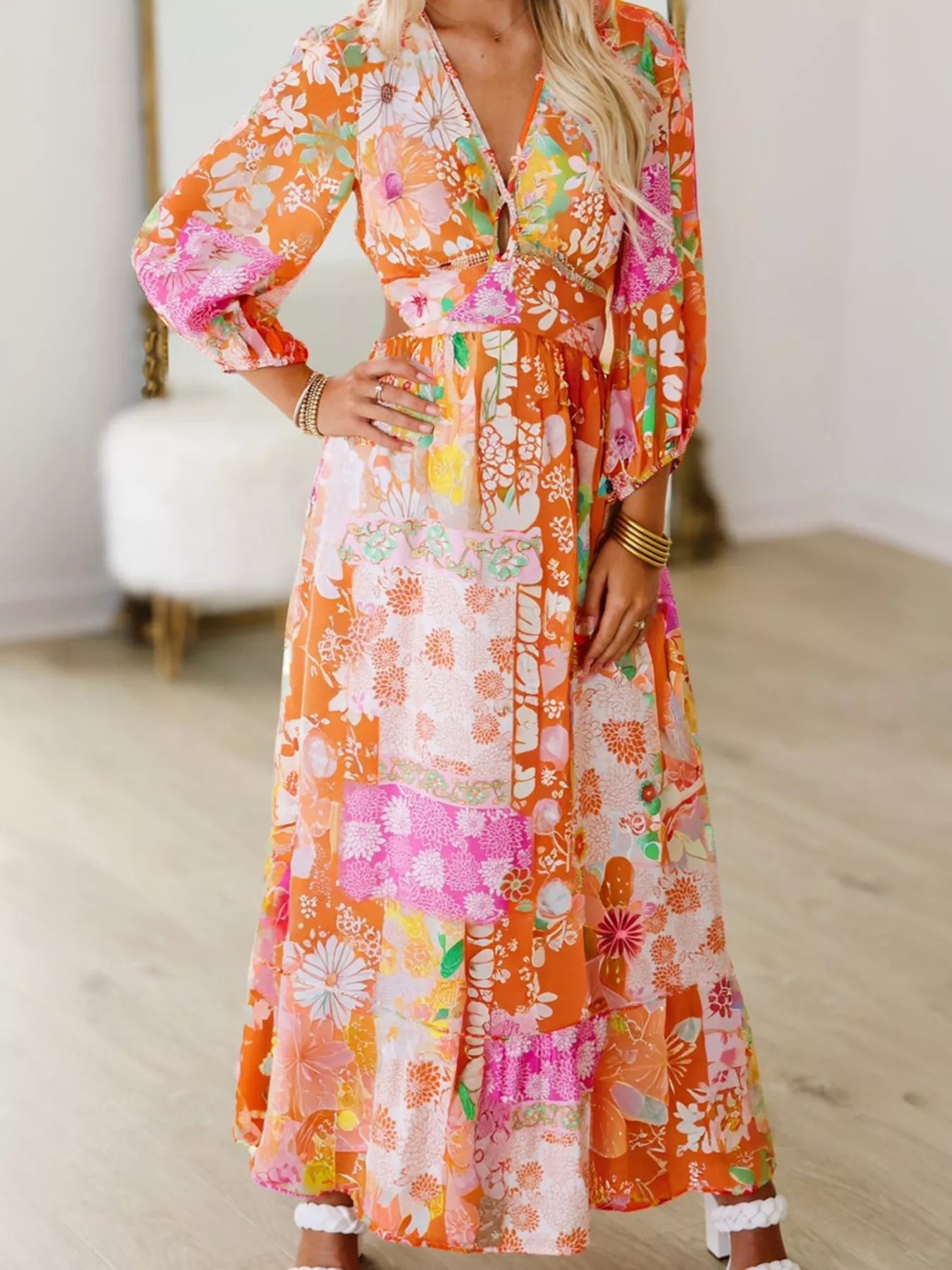 Vibrant Floral Long Sleeve Dress with Lace - Up Back - MAD RUFFI