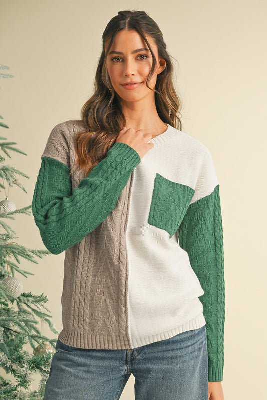 Vineyard Green Colorblock Pocket Drop Shoulder Sweater - MAD RUFFI