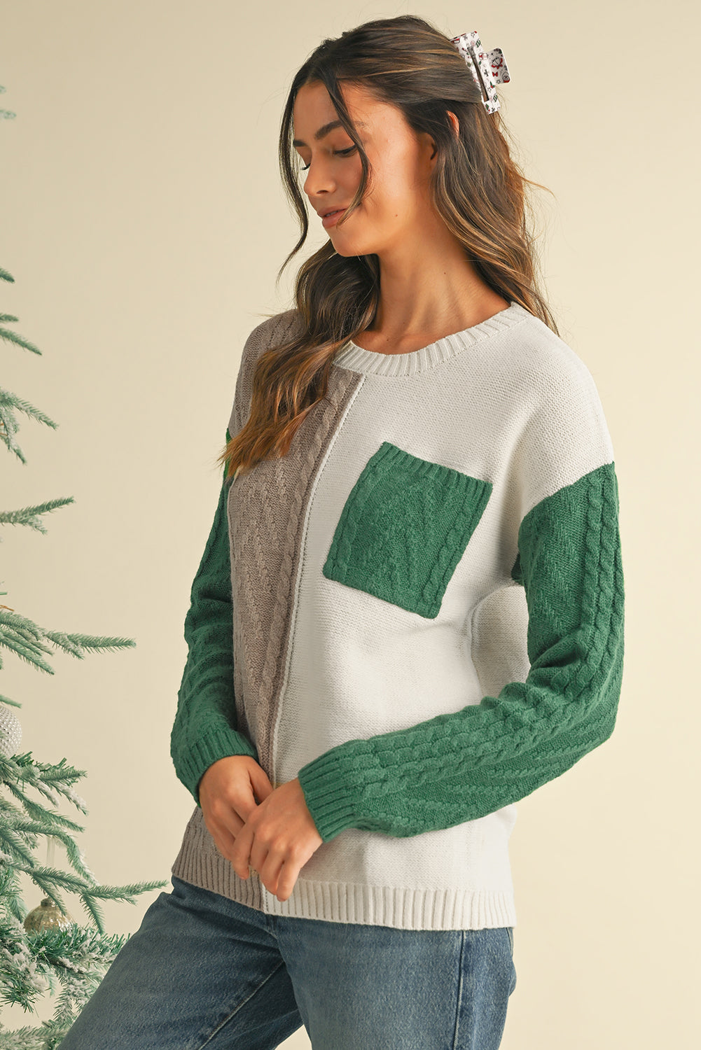 Vineyard Green Colorblock Pocket Drop Shoulder Sweater - MAD RUFFI