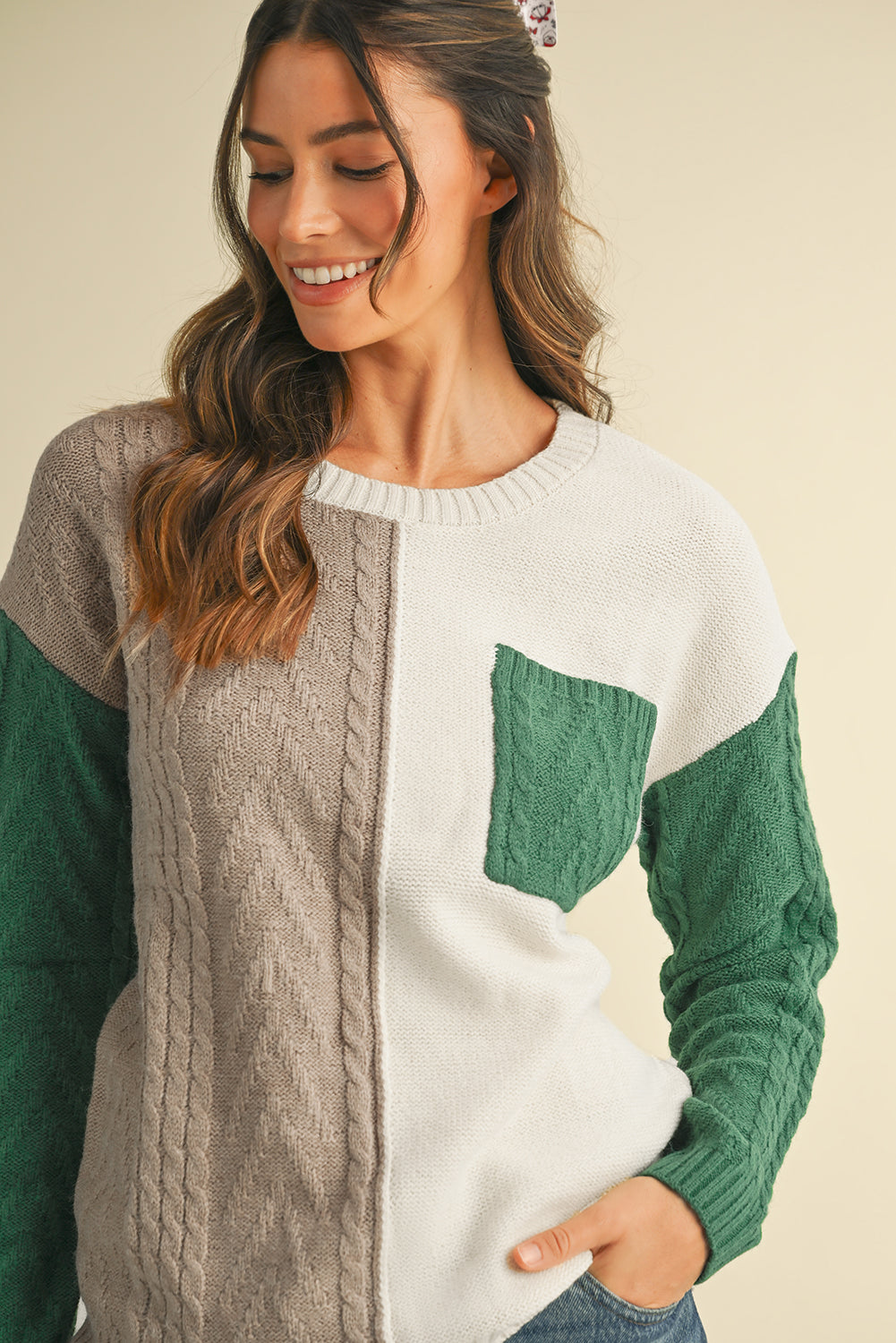 Vineyard Green Colorblock Pocket Drop Shoulder Sweater - MAD RUFFI