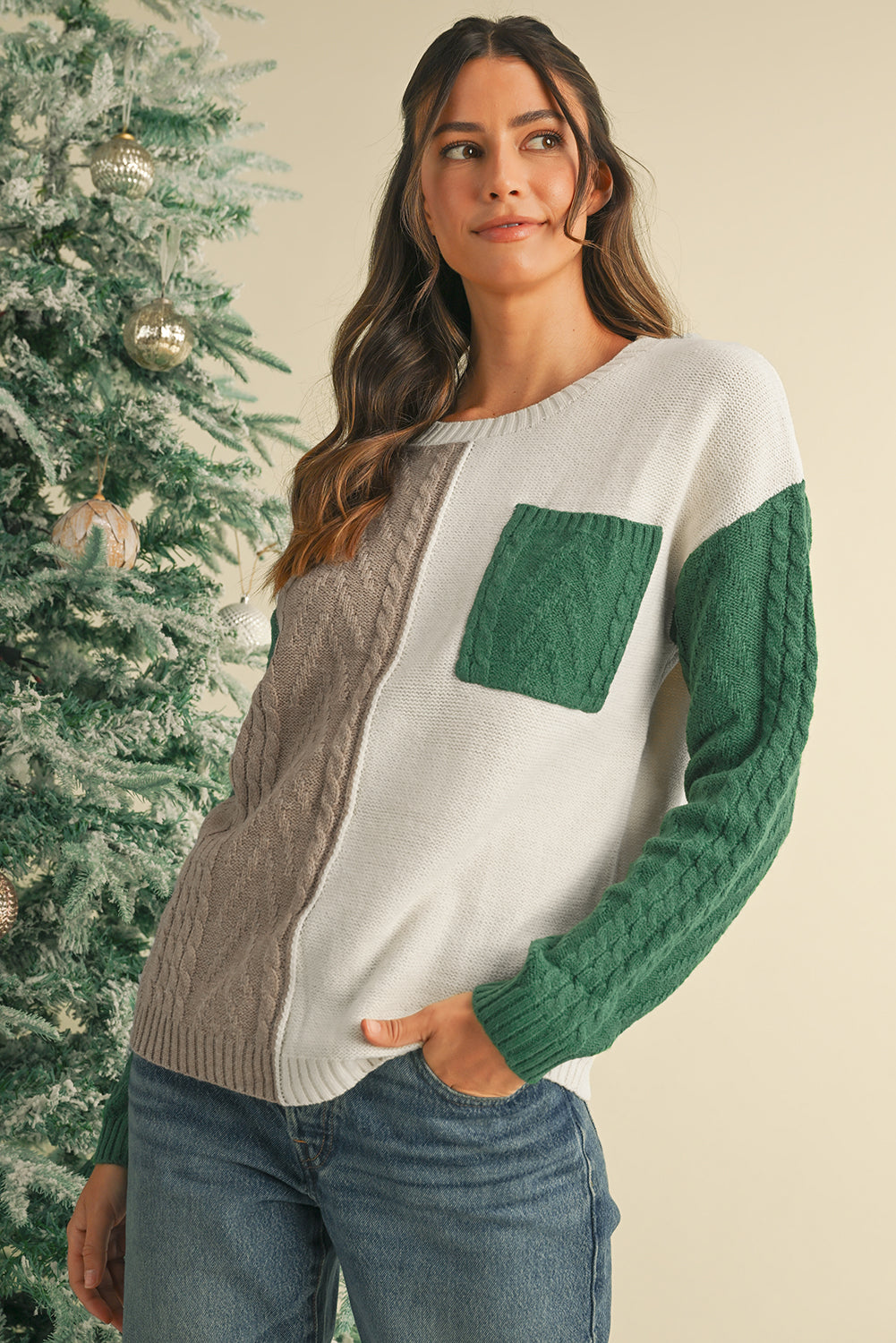 Vineyard Green Colorblock Pocket Drop Shoulder Sweater - MAD RUFFI