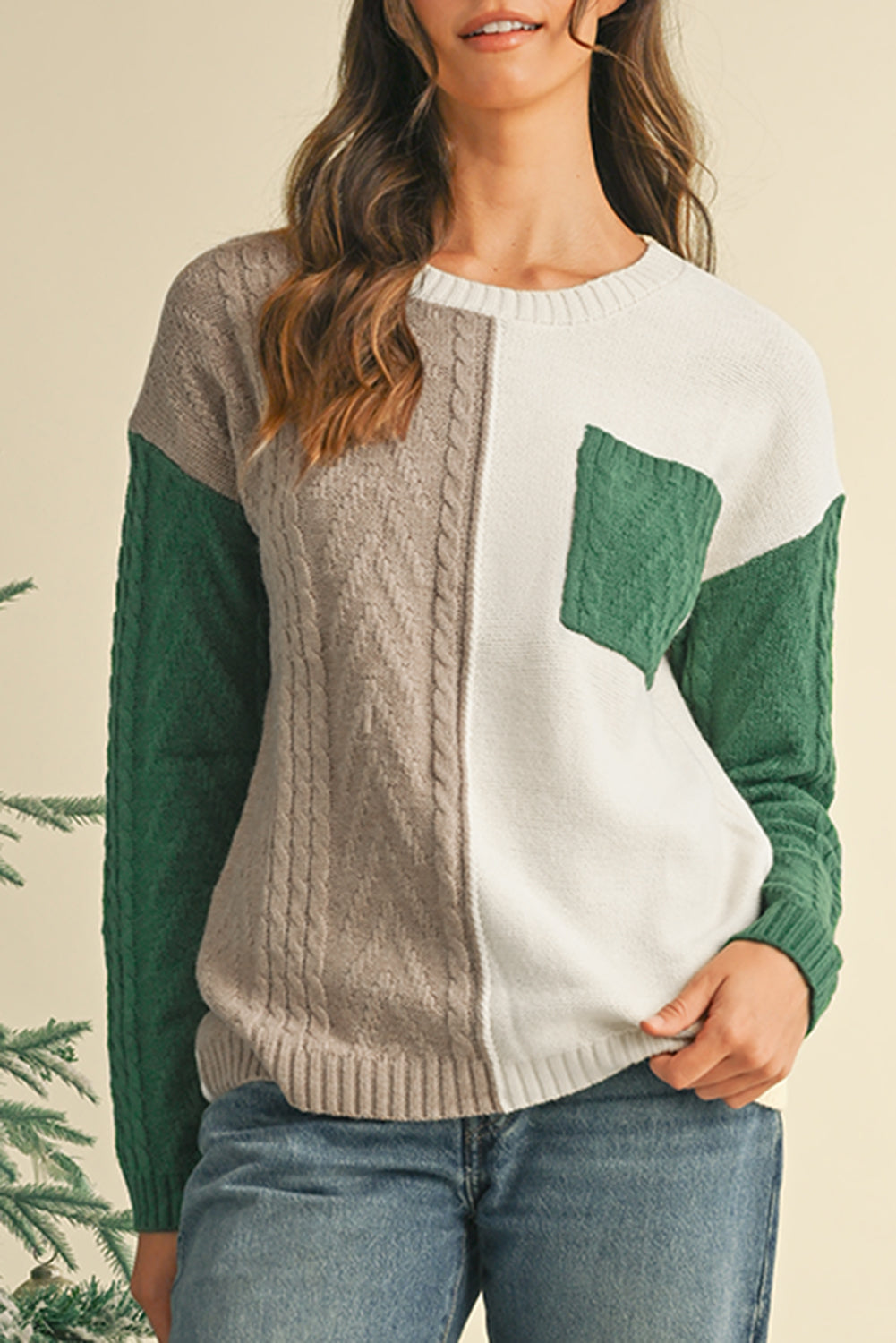 Vineyard Green Colorblock Pocket Drop Shoulder Sweater - MAD RUFFI