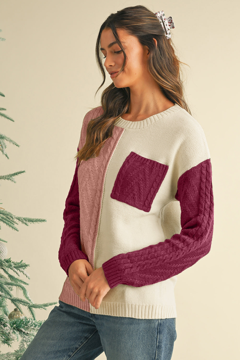 Vineyard Green Colorblock Pocket Drop Shoulder Sweater - MAD RUFFI