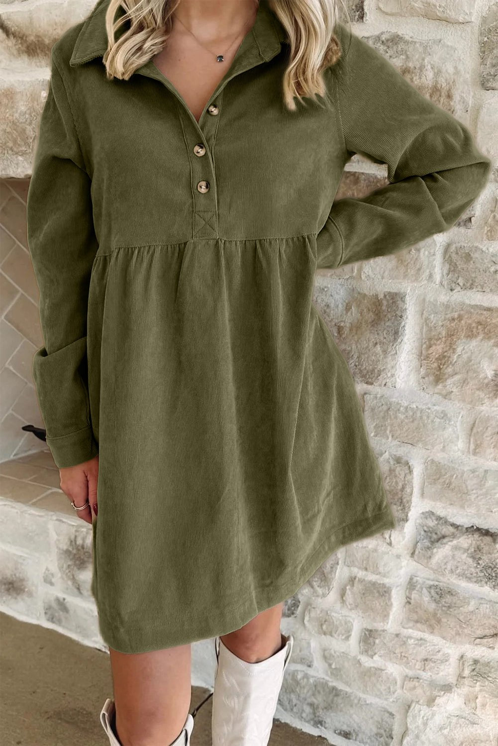 Vineyard Green Corduroy Half Button Collared Long Sleeve Mini Dress - MAD RUFFI
