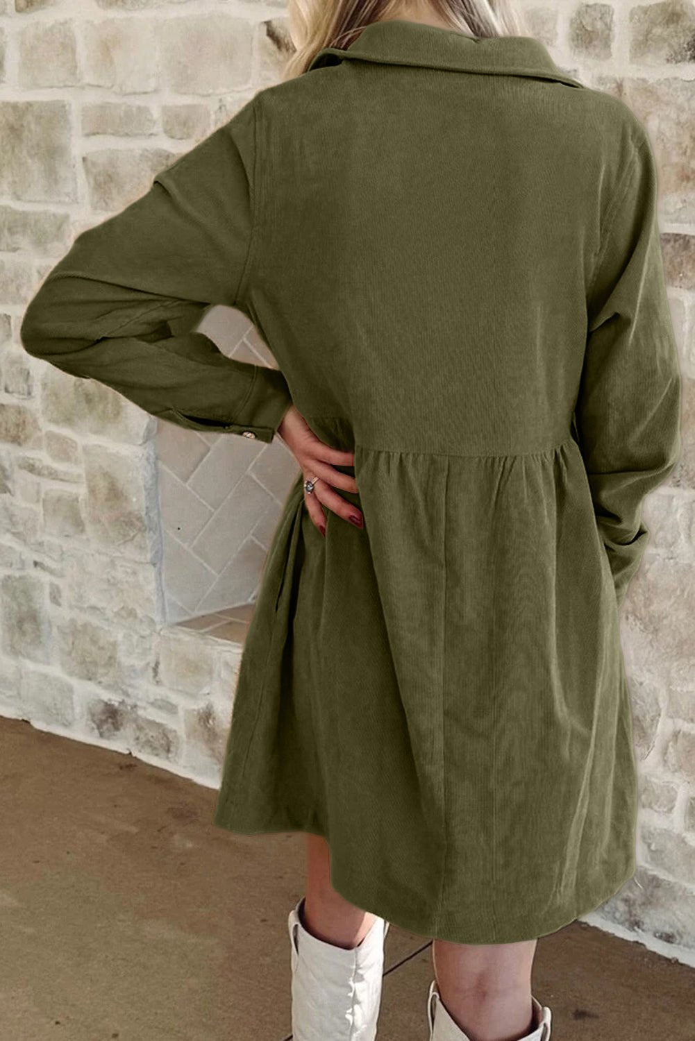 Vineyard Green Corduroy Half Button Collared Long Sleeve Mini Dress - MAD RUFFI