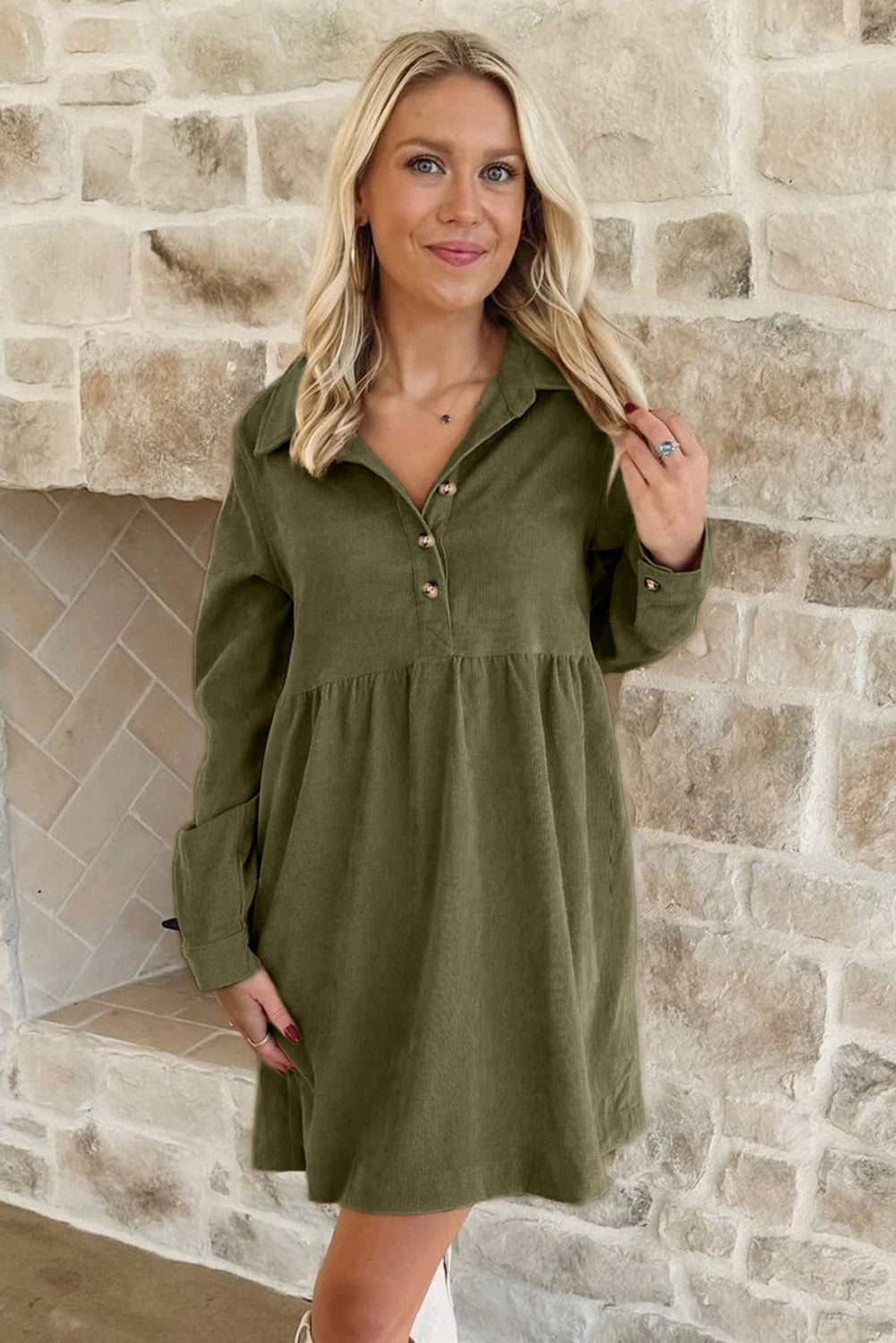 Vineyard Green Corduroy Half Button Collared Long Sleeve Mini Dress - MAD RUFFI