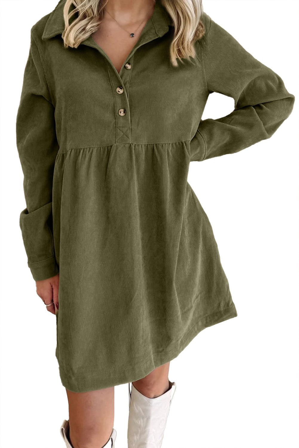 Vineyard Green Corduroy Half Button Collared Long Sleeve Mini Dress - MAD RUFFI