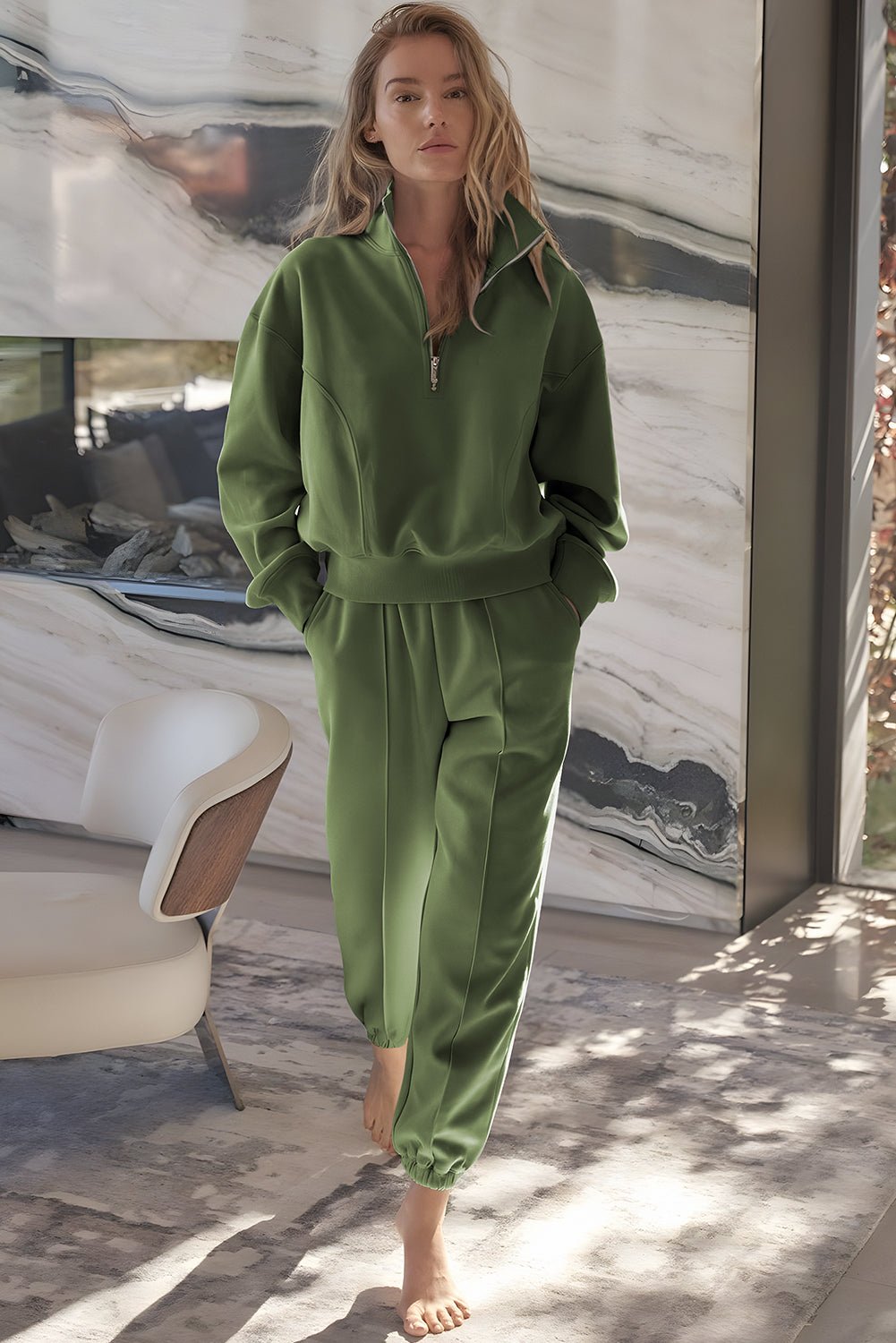 Vineyard Green Half Zip up Pullover Active Top and Joggers Set - MAD RUFFI