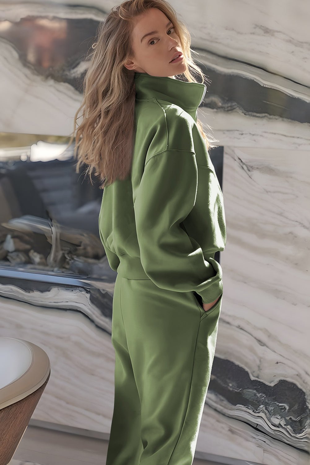 Vineyard Green Half Zip up Pullover Active Top and Joggers Set - MAD RUFFI